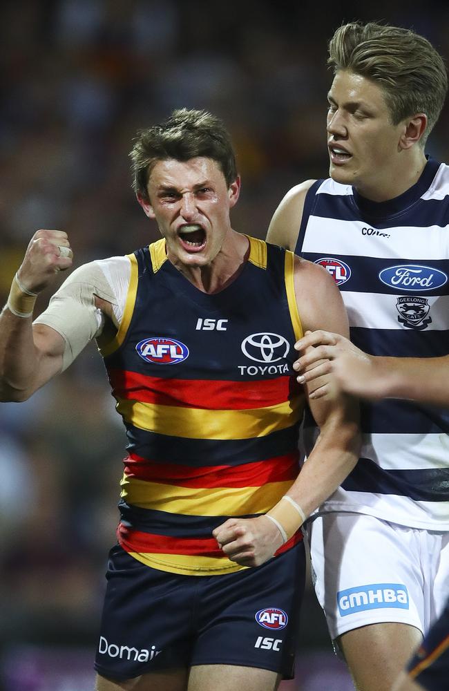 Matt Crouch celebrates a goal in front of Geelong ruckman Rhys Stanley. Picture: Sarah Reed