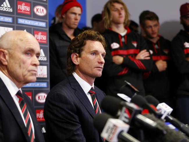 Paul Little and James Hird speak to the media after Hird resigned as coach in 2015. Picture: Michael Klein