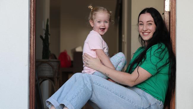 Helensvale mother Jessica Walker at home with her daughter Shiloh, 2. Jessica is sharing her story for Birth Trauma Awareness Week (July 17-24). Picture: Glenn Hampson