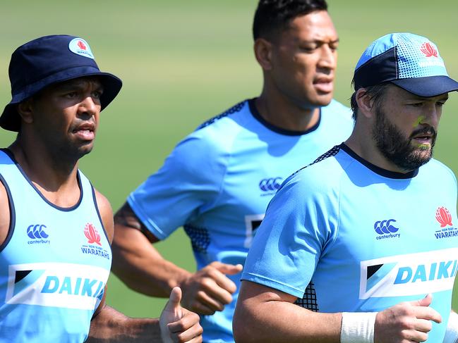 (L-R) NSW Waratahs players Kurtley Beale, Israel Folau and Adam Ashley-Cooper take part in a training session in Sydney, Tuesday, January 29, 2019. (AAP Image/Dan Himbrechts) NO ARCHIVING