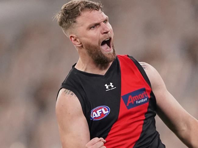 Jake Stringer of Essendon celebrates a goal during the Round 4 AFL match between the Essendon Bombers and the Carlton Blues at the MCG in Melbourne, Saturday, June 27, 2020. (AAP Image/Michael Dodge) NO ARCHIVING, EDITORIAL USE ONLY