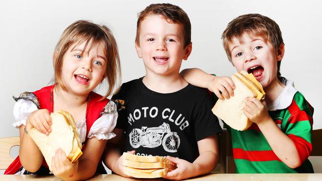 Sofia Melo, 4, Levi Carter, 5 and Kydon Moane, 4, rarely tuck into a white bread sandwich. Picture: Nigel Hallett