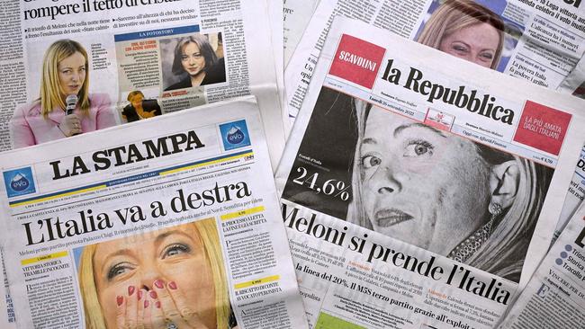 Front pages of Italian newpapers feature Georgia Meloni, the leader of Italian party "Fratelli d'Italia" (Brothers of Italy). Picture: AFP