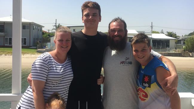 The Graham family at their Palm Beach house on the Gold Coast. (From left) Mila Graham, 5, mother Mia Graham, Gold Coast Suns draftee Caleb Graham, 18, father Clinton Graham and Wil Graham, 14. Picture: Supplied.