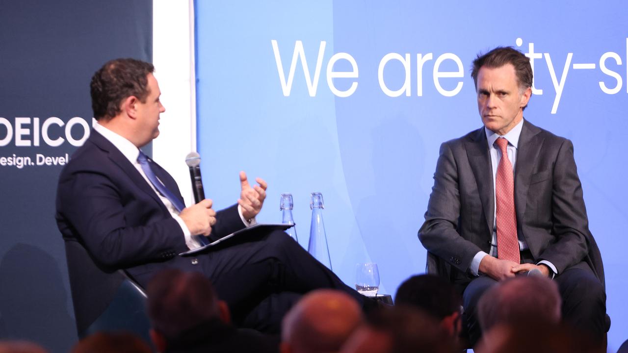 Premier of New South Wales Chris Minns pictured speaking to Stuart Ayres CEO of the Urban Development Institute of Australia at the Urban Development Institute of Australia NSW Winter Luncheon at the Four Season Hotel, Sydney CBD. Picture: NewsWire / Damian Shaw