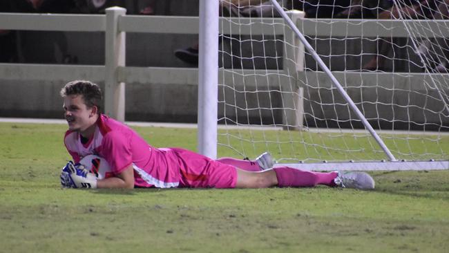 Ethan Reed's spectacular save in the Magpies Crusaders v Sunshine Coast Fire in the FQPL1 at Sologinkin Oval. Saturday, March 19, 2022. Picture: Tara Miko