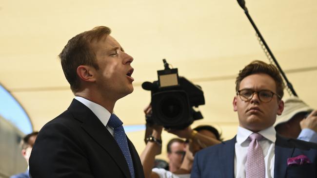 Ten News reporter Jonathan Lea asks a question of Australian Opposition Leader Bill Shorten during a press conference at Flinders University College of Medicine in Adelaide, Tuesday, April 16, 2019. (AAP Image/Lukas Coch) NO ARCHIVING