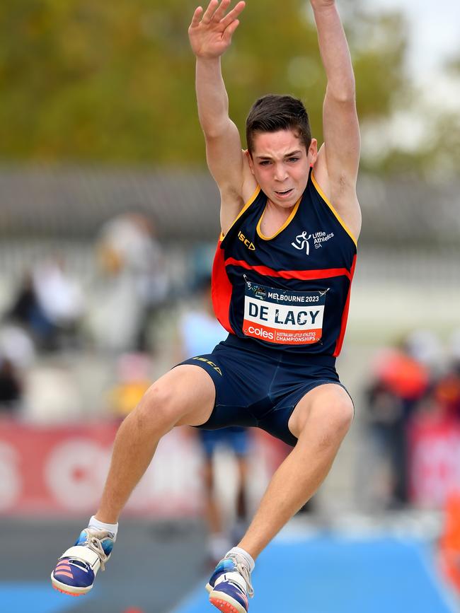 Spencer de Lacy competes in the under-14 long jump during the Australian Little Athletics Championships in Victoria last year. Picture: Supplied