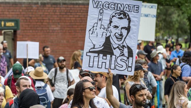 Anti-vaxxers protest in Melbourne earlier this year. Picture: Jake Nowakowski