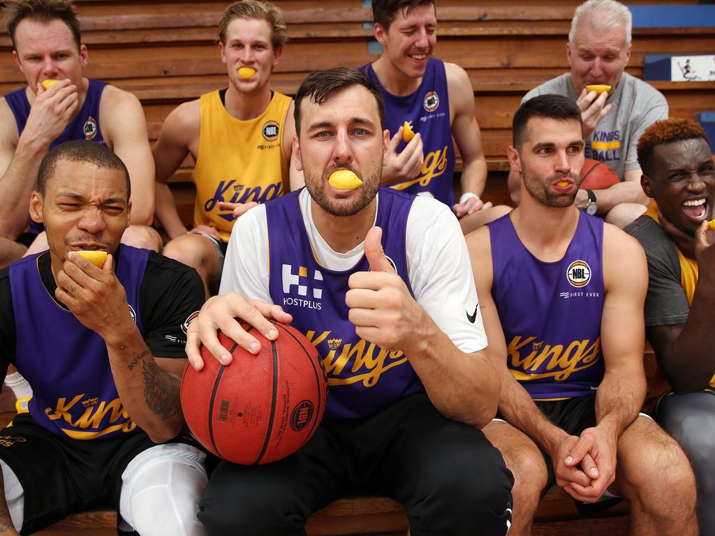  Basketball star Andrew Bogut (middle) pictured with his Sydney Kings teammates doing the Lemon Face Challenge. Picture: Sam Ruttyn