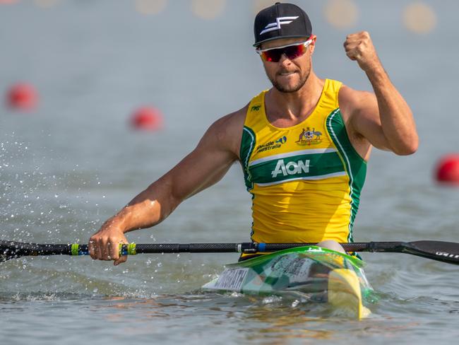 Curtis McGrath pumps his first after winning his 10th world title in 2019. Photo Steve McArthur / Paddle Australia