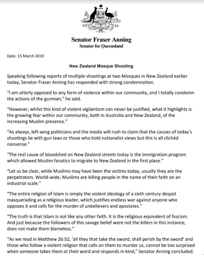 Fraser Anning: Scott Morrison slams senator’s Islamophobic comments ...