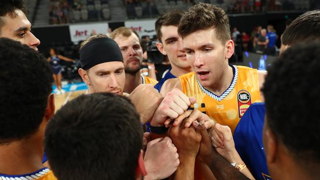 \Will Magnay of the Bullets celebrates their win at Melbourne Arena.