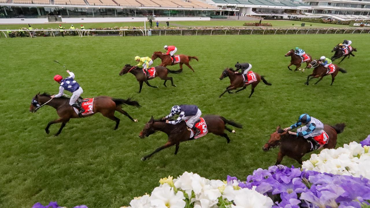 Johnny Get Angry (NZ) ridden by Lachlan King wins the AAMI Victoria Derby at Flemington Racecourse on October 31, 2020 in Flemington, Australia. (George Salpigtidis/Racing Photos via Getty Images)