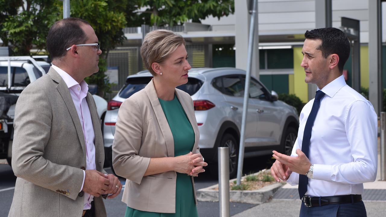 Shadow Treasurer David Janetski (left), Whitsunday MP Amanda Camm and Opposition Leader David Crisafulli at Mackay Base Hospital asking for a 'thorough and genuine review' into Queensland Health, November 8, 2021. Picture: Matthew Forrest