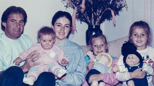 Chris Dawson with Joanne Curtis, their child and Chris’ children with Lynette. Picture: Supplied