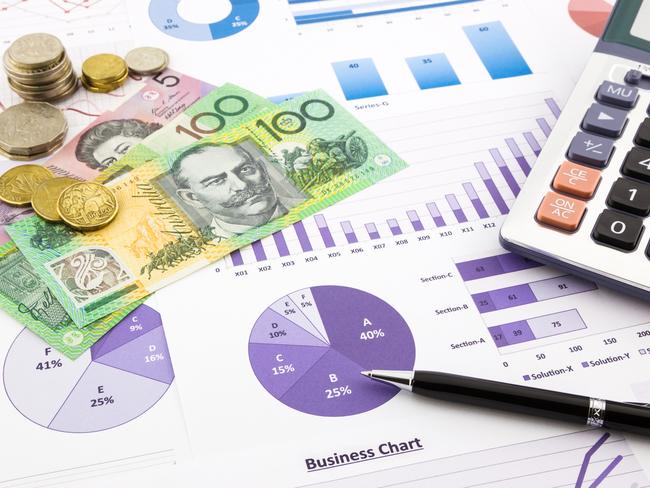 australia dollar currency on financial charts, expense cash flow summarizing and graphs background, concepts for saving money, budget management, stock exchange, investment and business income report; share dividends generic