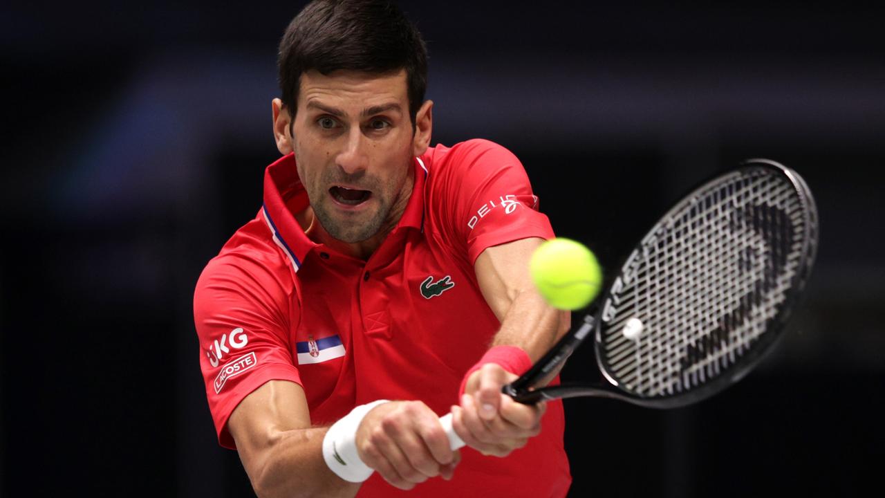 INNSBRUCK, AUSTRIA - NOVEMBER 27: Novak Djokovic of Serbia plays a backhand shot during the Davis Cup match between Novak Djokovic of Serbia and Jan-Lennard Struff of Germany at OlympiaWorld on November 27, 2021 in Innsbruck, Austria. (Photo by Adam Pretty/Getty Images)