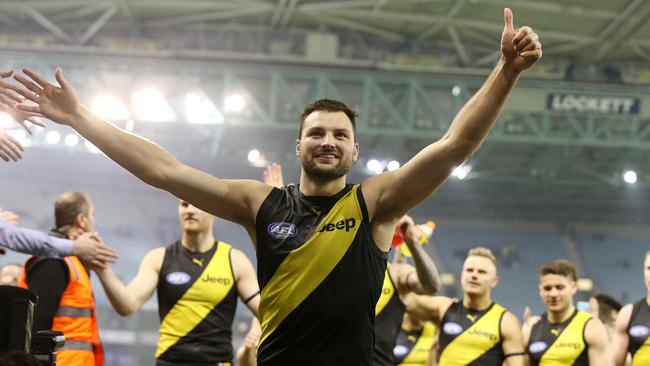 Toby Nankervis leads the Tigers off Etihad Stadium. Picture: Michael Klein