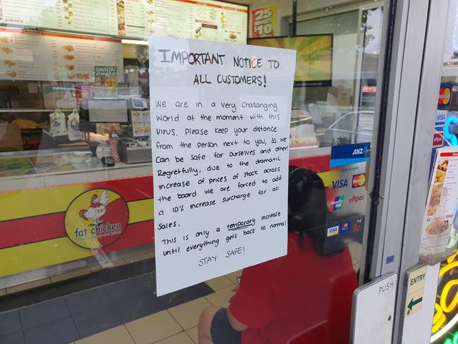 STILL SERVING: A note to customers at Fat Chicken, take away shop on Henley Beach Rd. Torrensville. Photo Greg Barila