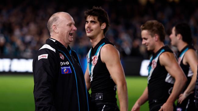 Ken Hinkley exchanges words with Hawthorn players after the 2024 AFL Second Semi Final match between the Port Adelaide Power and the Hawthorn Hawks. Picture: Michael Willson/AFL Photos via Getty Images