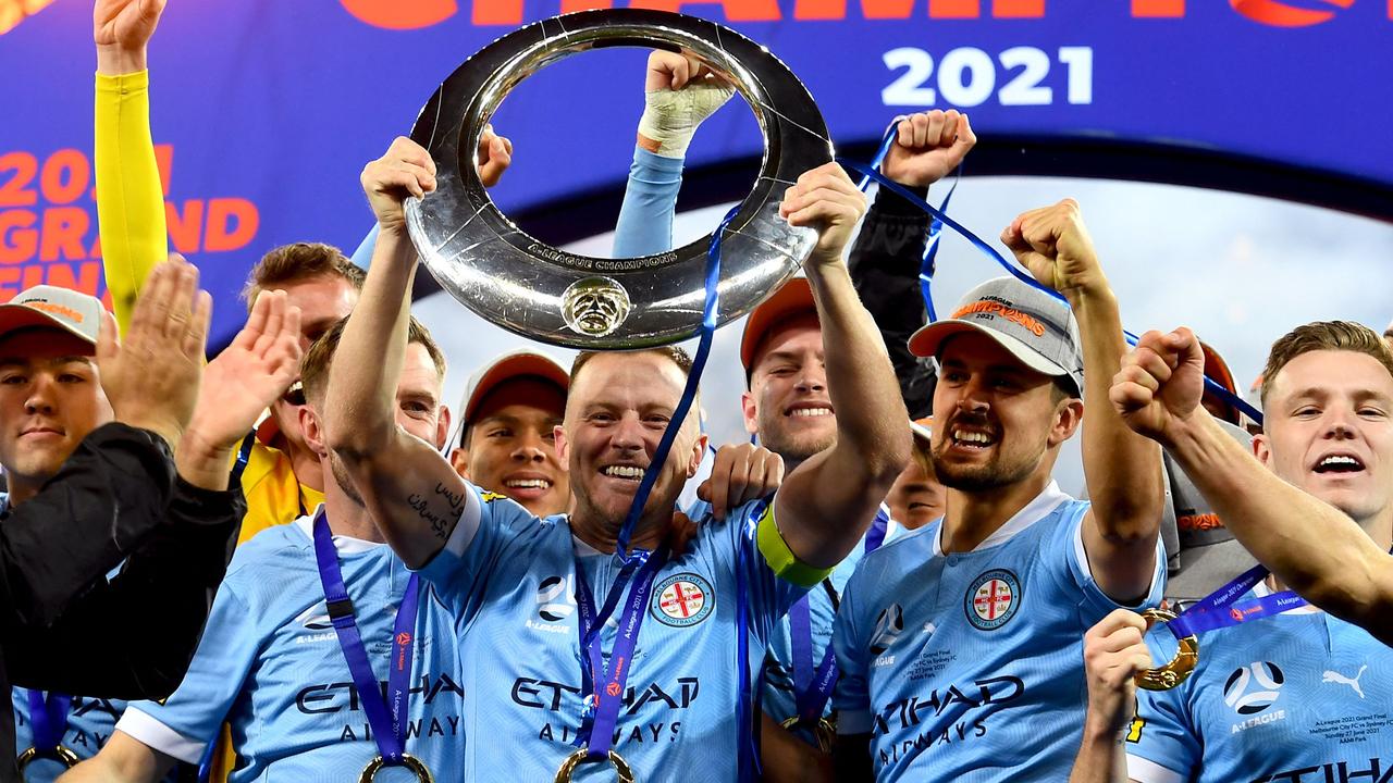 Melbourne City celebrate the 2021 title during their powerhouse run. Picture: AFP