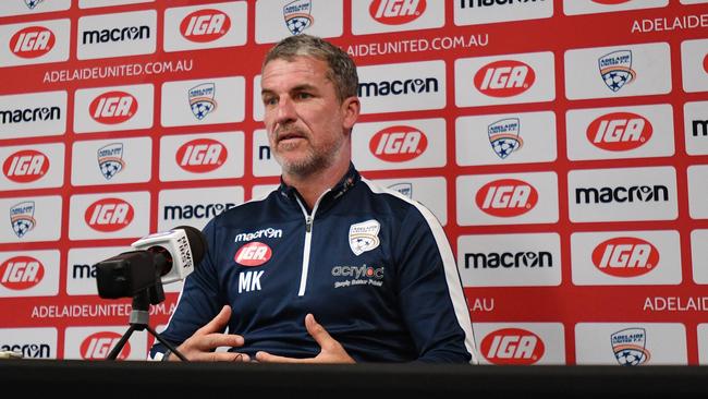 Adelaide United head coach Marco Kurz speaks to the media at Coopers Stadium yesterday. Picture: AAP