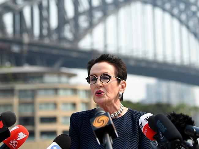 Lord Mayor of Sydney Clover Moore speaks to the media during a press conference in front of the Sydney Harbour Bridge in Sydney, Tuesday, December 31, 2019. (AAP Image/Joel Carrett) NO ARCHIVING