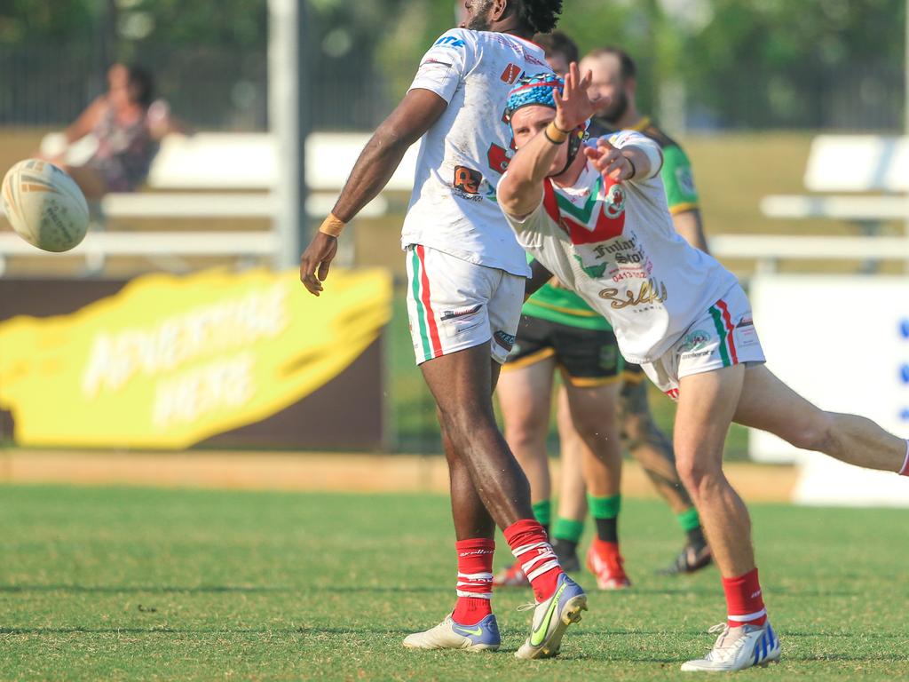 Nightcliff’s Trey Crowley hurls the ball in the NRL NT A-Grade match between Nightcliff Dragons and Palmerston Raiders. Picture: Glenn Campbell