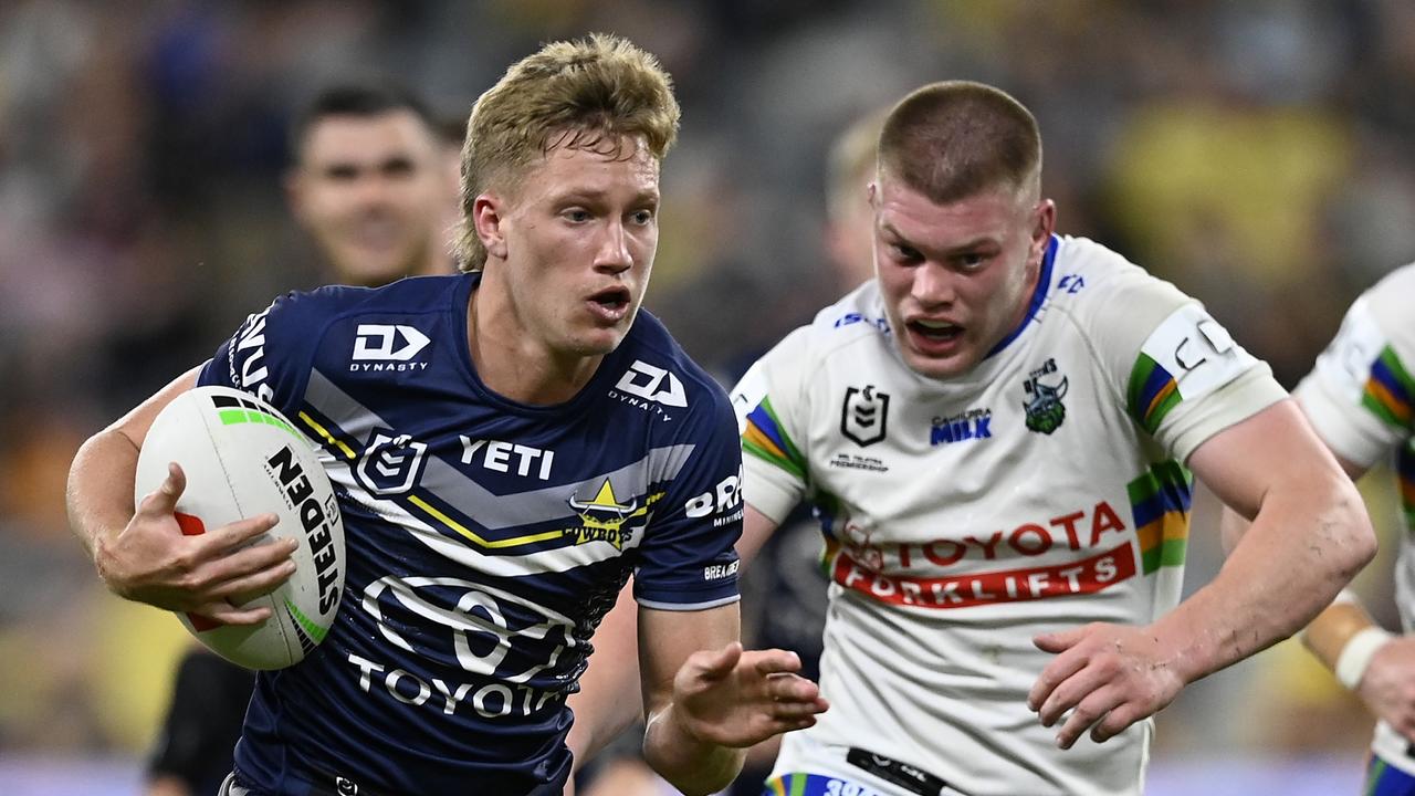 Jaxon Purdue runs the ball during the round 24 NRL match between North Queensland Cowboys and Canberra Raiders at Qld Country Bank Stadium, on August 17, 2024, in Townsville, Australia. (Photo by Ian Hitchcock/Getty Images)