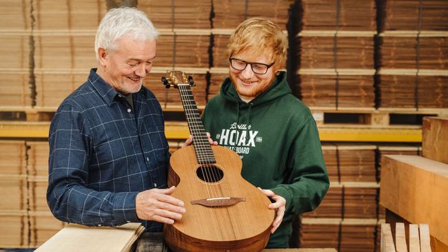 Ed Sheeran (right), pictured with luthier George Lowden while visiting a Lowden Guitars workshop in County Down, Ireland. Picture: supplied