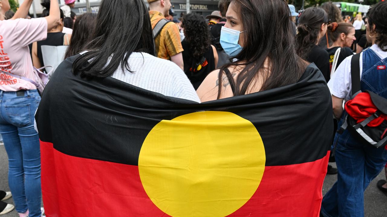 Protesters participate in the Treaty Before Voice Invasion Day Protest outside Parliament House on January 26, 2023 in Melbourne. Picture: Alexi J. Rosenfeld/Getty Images