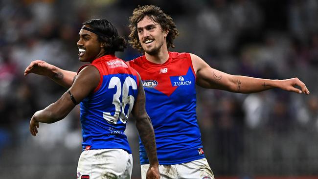 Kysaiah Pickett and Luke Jackson celebrates a goal. Picture: Daniel Carson/AFL Photos via Getty Images