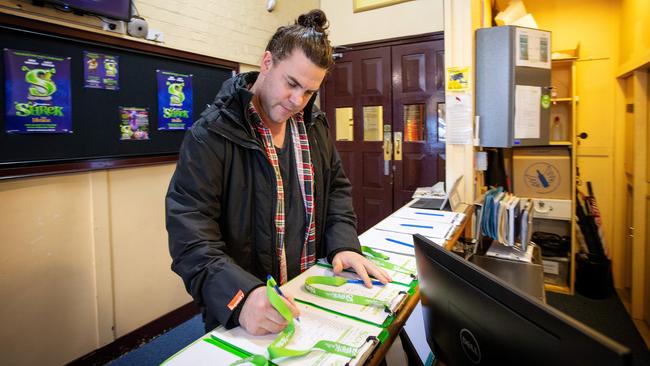 Ben arrives at the theatre and signs in. Picture: Mark Stewart