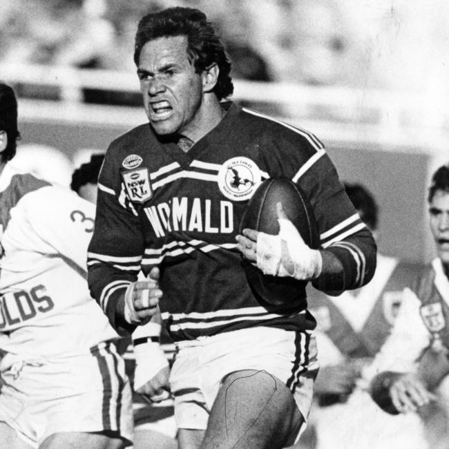 Ron Gibbs on charge for Manly in 1986. Picture: Wayne Jones