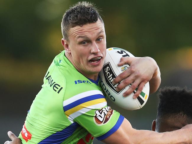 Jack Wighton of the Raiders is tackled by Kevin Naiqama of the Tigers during the Round 15 NRL match between the Wests Tigers and the Canberra Raiders at Campbelltown Stadium in Sydney, Sunday, June 17, 2018. (AAP Image/Brendon Thorne) NO ARCHIVING, EDITORIAL USE ONLY