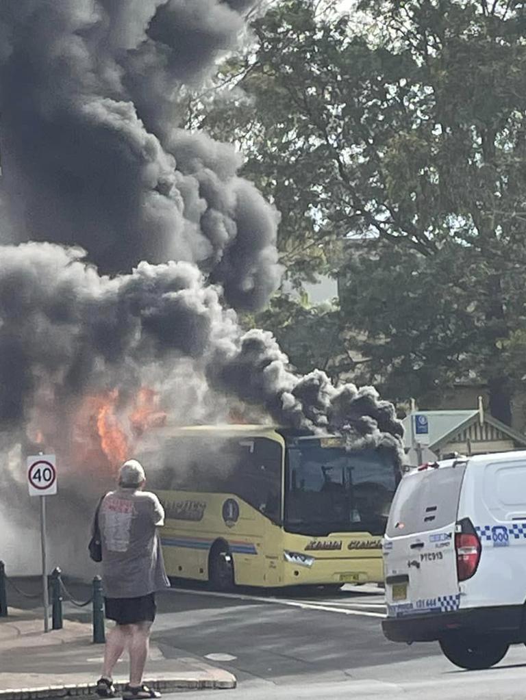 The bus caught fire just before 9am Thursday. Picture: Facebook / Anne Maree Bowden