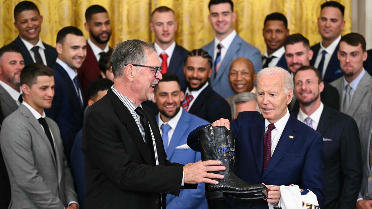 Biden was given a pair of cowboy boots by the Rangers during the White House visit. Picture: by Mandel NGAN / AFP