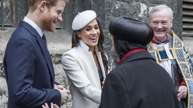 Prince Harry and Meghan Markle meet with religious leaders after the Commonwealth Service. Picture: Jack Hill/Pool Photo.