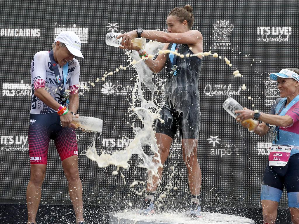 Ironman Cairns 2019 women's second place getter Sarah Crowley, winner Teresa Adam and third place getter Kaisa Sali PICTURE: ANNA ROGERS