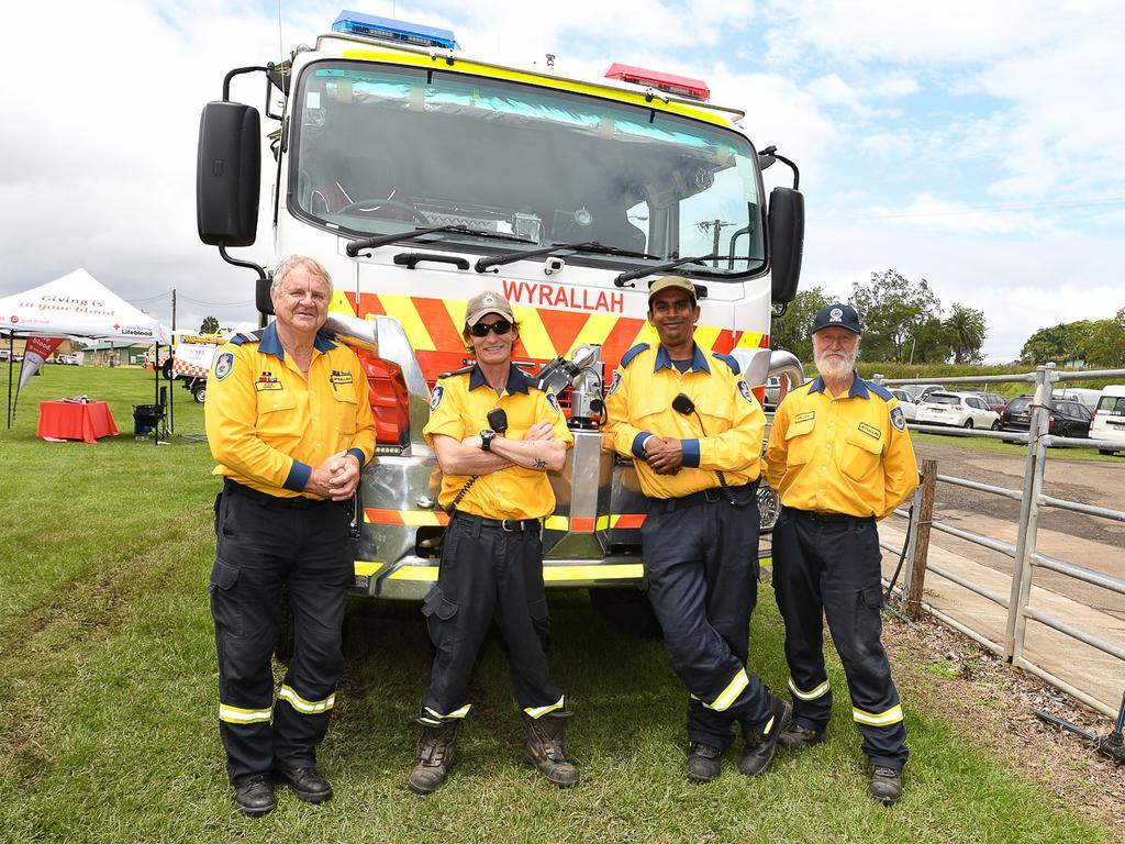 Wyrallah fireys from left: Steve Garbutt, Brandan Harrington, Phil Lacey #oldboy, and Jamie Moss at the Lismore Show. Picture: Cath Piltz