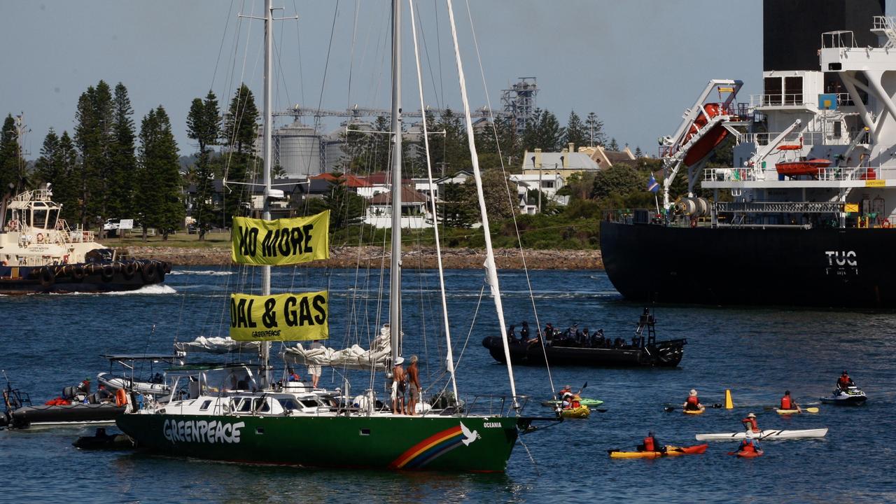 The climate activists descended on the Port of Newcastle, the world’s largest coal port. Picture: Newswire/Dean Sewell.