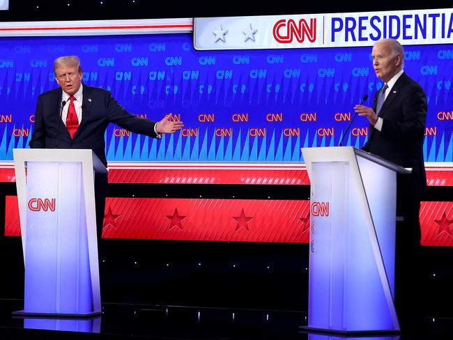 ATLANTA, GEORGIA - JUNE 27: U.S. President Joe Biden (R) and Republican presidential candidate, former U.S. President Donald Trump participate in the CNN Presidential Debate at the CNN Studios on June 27, 2024 in Atlanta, Georgia. President Biden and former President Trump are facing off in the first presidential debate of the 2024 campaign.   Justin Sullivan/Getty Images/AFP (Photo by JUSTIN SULLIVAN / GETTY IMAGES NORTH AMERICA / Getty Images via AFP)