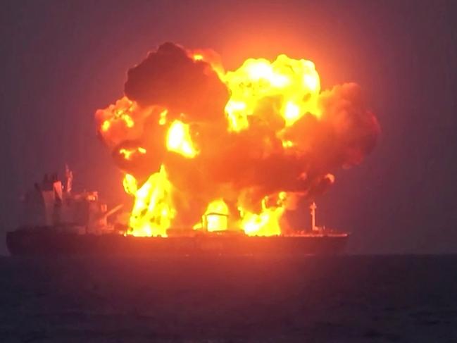 This image grab from a video released on August 23, 2024 by Yemen's Huthi Ansarullah Media Centre, shows what they say is the Greek-owned oil tanker Sounion which they reportedly hit by three projectiles on August 21, 2023. The ship, owned by the Greek shipping company Delta Tankers, had lost engine power and was anchored in the Red Sea between Eritrea and Yemen following a strike by the Huthis, which caused a brief fire onboard and damaged the engine compartment. (Photo by ANSARULLAH MEDIA CENTRE / AFP) / === RESTRICTED TO EDITORIAL USE - MANDATORY CREDIT "AFP PHOTO / HO / Ansarullah Media Centre" - NO MARKETING - NO ADVERTISING CAMPAIGNS - DISTRIBUTED AS A SERVICE TO CLIENTS ===