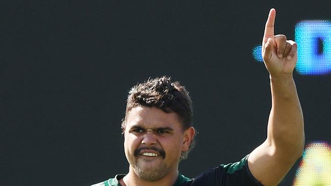 SYDNEY, AUSTRALIA - AUGUST 29:  Latrell Mitchell reacts during a South Sydney Rabbitohs NRL Training Session at USANA Rabbitohs Centre on August 29, 2023 in Sydney, Australia. (Photo by Mark Metcalfe/Getty Images)