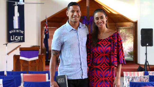 Israel Folau with his wife Maria Folau at Kenthurst Uniting Church after a Sunday service. Picture: Hollie Adams