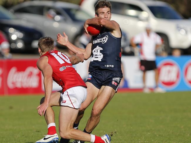 SANFL - South Adelaide v North Adelaide at Hickinbotham Oval - Souths Joel Cross and Norths Mitch Clisby - Picture Deb Curtis