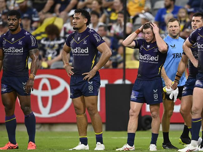 TOWNSVILLE, AUSTRALIA - JUNE 04: The Storm look on after a Cowboys try during the round 14 NRL match between North Queensland Cowboys and Melbourne Storm at Qld Country Bank Stadium on June 04, 2023 in Townsville, Australia. (Photo by Ian Hitchcock/Getty Images)