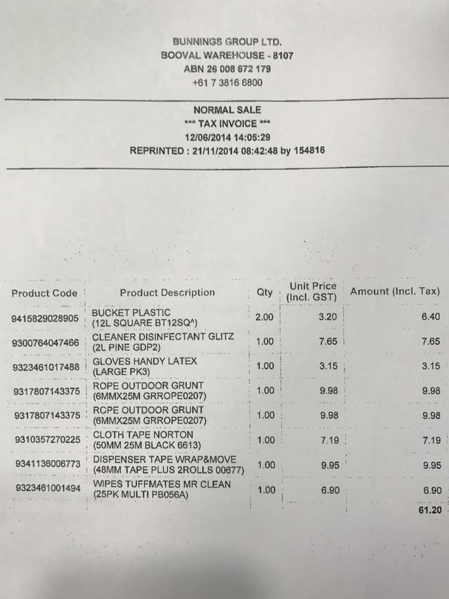 A receipt from Bunnings where the Crown alleges Michael Martin Junior bought tape, rope, gloves and cleaning products the day before he allegedly killed his dad.
