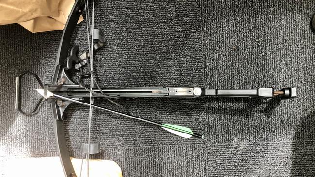 A crossbow allegedly found in a police raid. Picture: supplied
